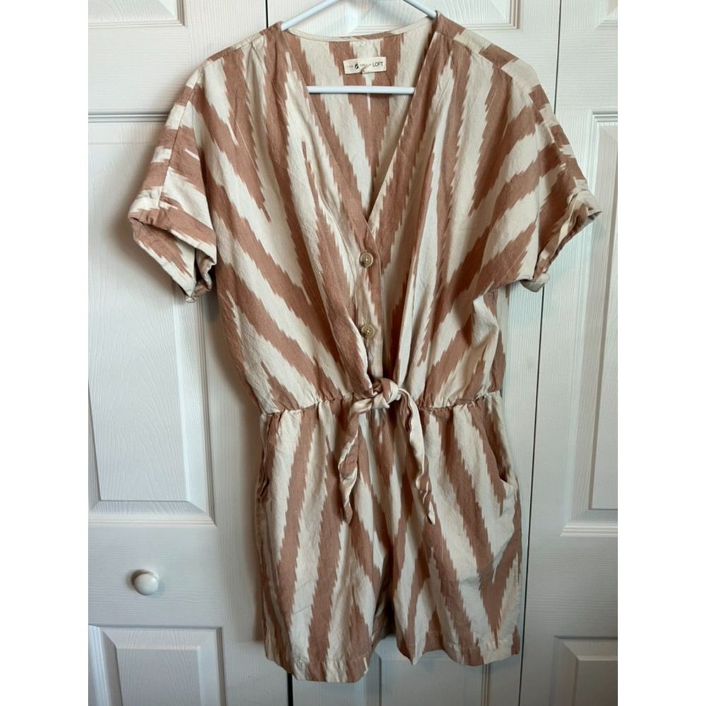 Lou & Grey Beige and Cream Striped Short-Sleeve Romper